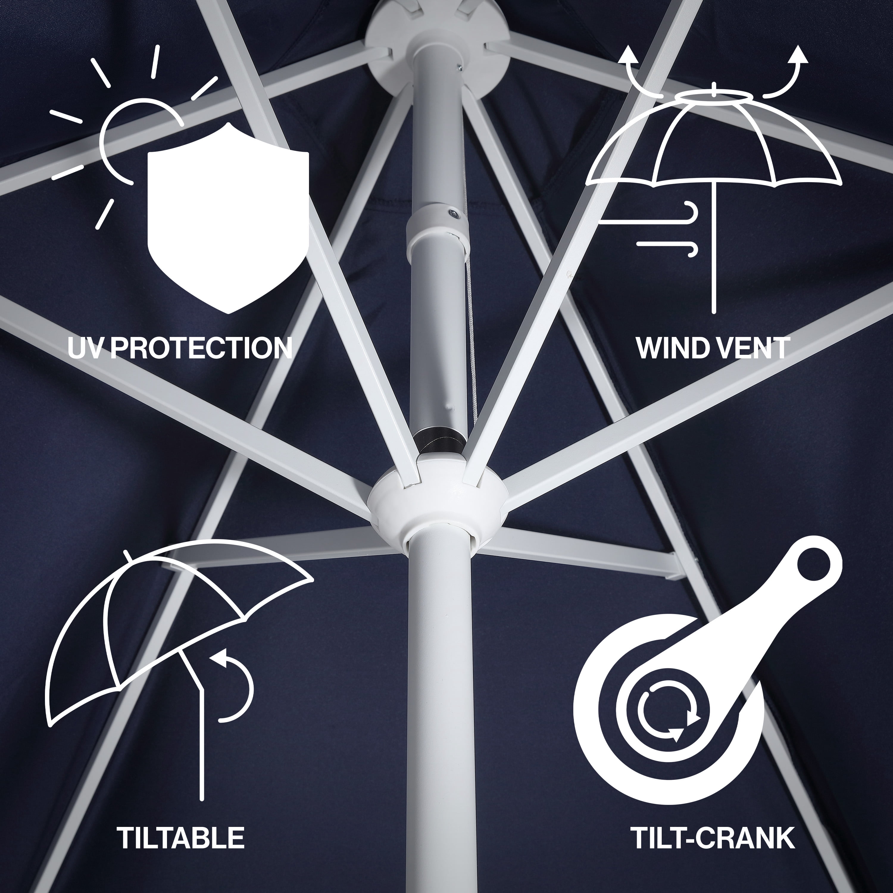 JONATHAN Y Collins 9 ft. Market Patio Umbrella, Classic Cottage Fringe Tassel, with Auto-Tilt Crank, Wind Vent and UV Protection, Navy/Cream, White Pole