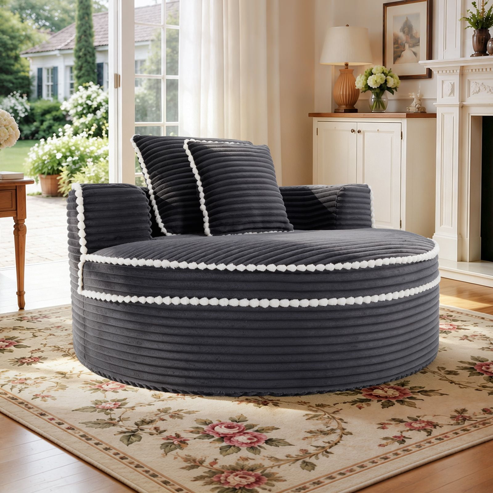 Lunale 54" Oversized Chaise Lounge Chair Indoor, Round Boneless Cloud Couch, No Assembly Required, Accent Reading Chair for Living Room, Gray Corduroy