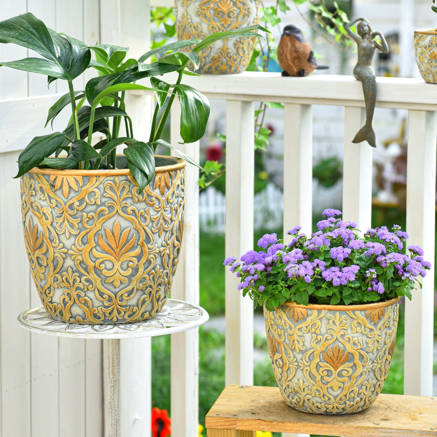 Sungmor Large Heavy Duty Cement Planters, Beautiful Embossed Concrete Garden Pots, 8" & 10" Set of 2 Plant Pots with Drainage Hole, Home Garden Decorative Flower Pots for Indoor Outdoor Plants Floral