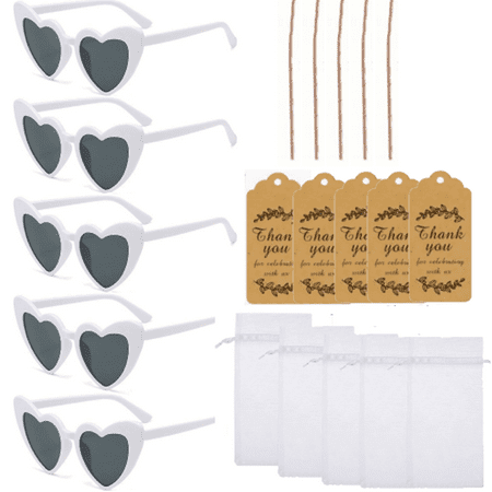 5Pcs White Heart-Shaped Fashion Glasses, with Thanksgiving Cards and Gift Bags, Wedding Glasses Party Gifts, Swimming Party Decoration, Photo Prop Decor