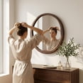 thumbnail image 5 of YAURA 24" Round Dark Walnut Bathroom Vanity Mirror, Asymmetrical Wavy Solid Wood Wall Mirror, Mid-Century Modern Decor, Shatterproof, 5 of 9
