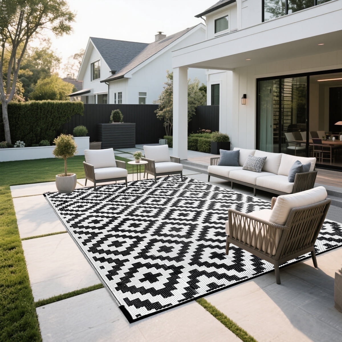 Kzaei Waterproof Outdoor Rug, 8'x10' Reversible Plastic Camping Area Rugs, Black & White