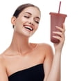 thumbnail image 3 of Advancent Vaso para beber con tapa y pajita Botella reutilizable de plástico PP PP para batido de jugo de café de bebida fría Mostrada Rosa claro 710ml Advancent HA007952-05, 3 of 5