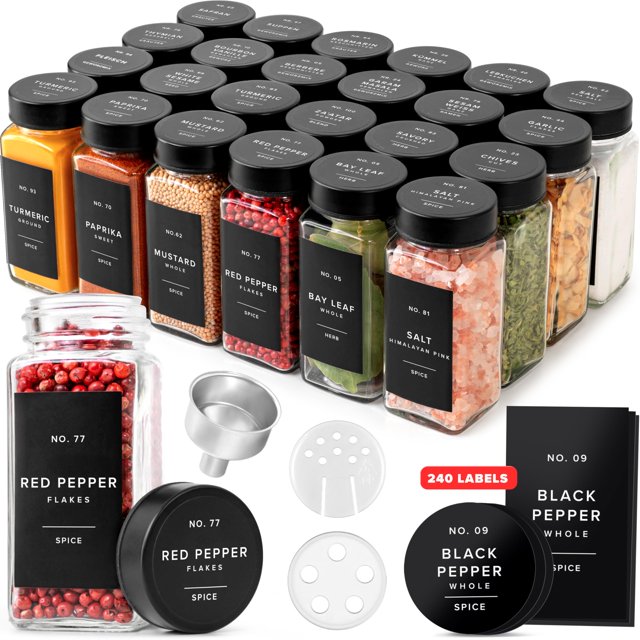 Set de tarros de especias EDELHAUS de cristal con etiqueta y tapas negras, 120 ml x 24