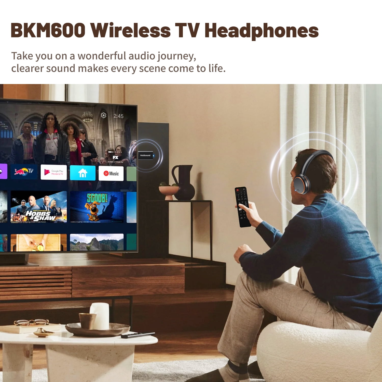 Wireless Headphones for TV Watching, BKM600 Wireless TV Headphones with Bluetooth USB Transmitter(Optical, AUX, RCA and USB Output)