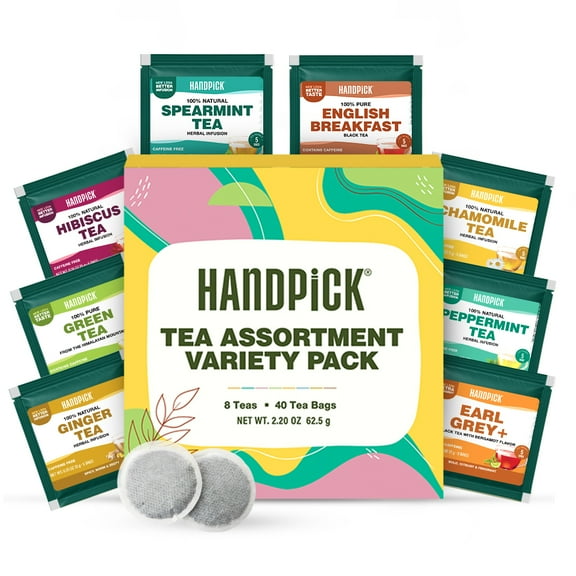 HANDPICK, Assorted Tea Variety Pack Gift Set (8 Flavors, 40 Tea Bags) | Black Tea, Herbal Tea, Green tea | Non GMO, Gluten Free | Gift for Everyone