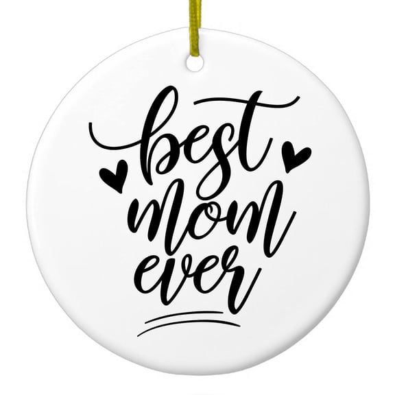 DistinctInk Hanging Ceramic Christmass Tree Ornament with Gold String - Great Gift / Present - 2 3/4 inch diameter - Best Mom Ever - Hearts