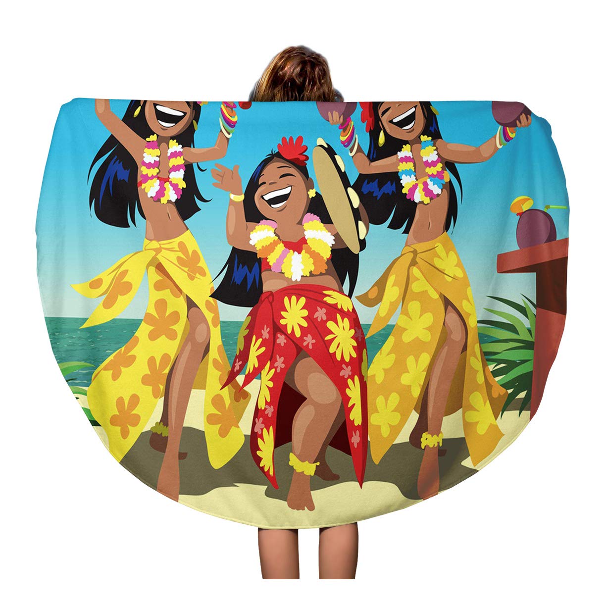 LADDKA 60 inch Round Beach Towel Blanket Dance Hawaii Party Three Young