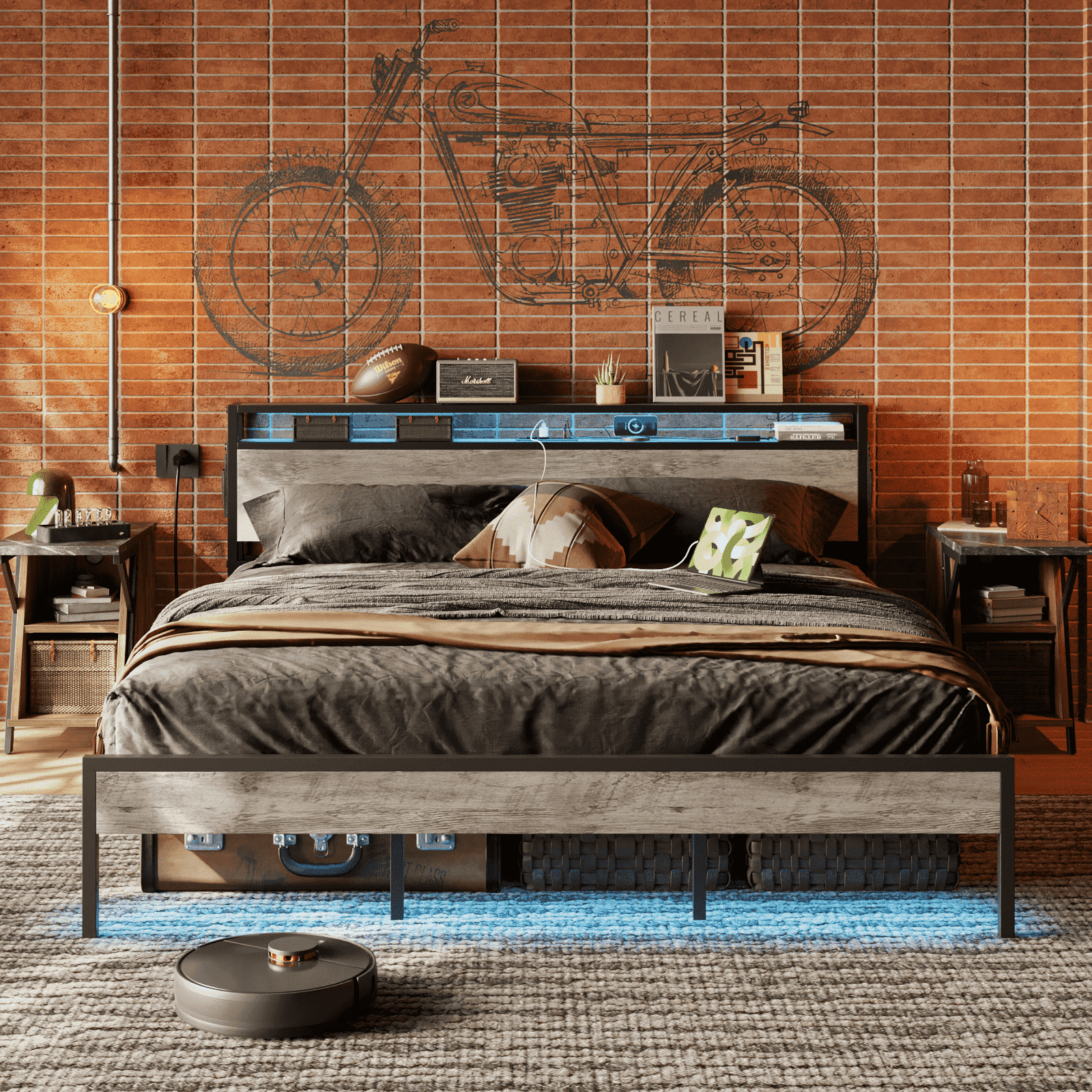 Bestier King Size Bed Frame with Charging Station and  2 USB Ports and Outlets,LED Light Storage Headboard,Noise Free Design,Grey