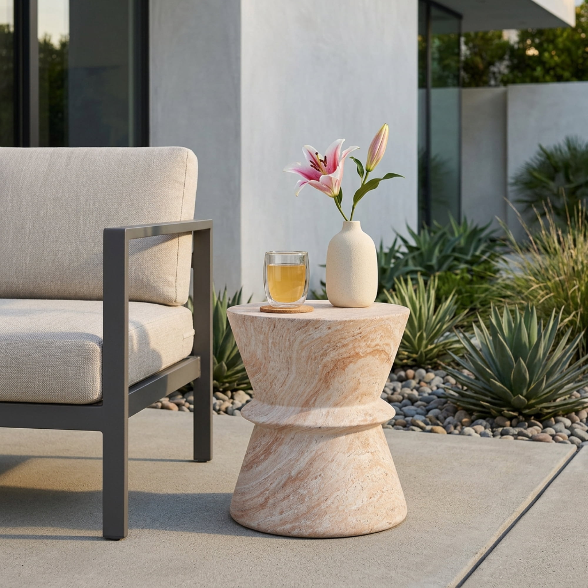 Mintazer 18" H Hourglass Shaped MGO Side Table, Modern Accent Table with Drum Base, Patio End Table for Patio Living Room, Beige