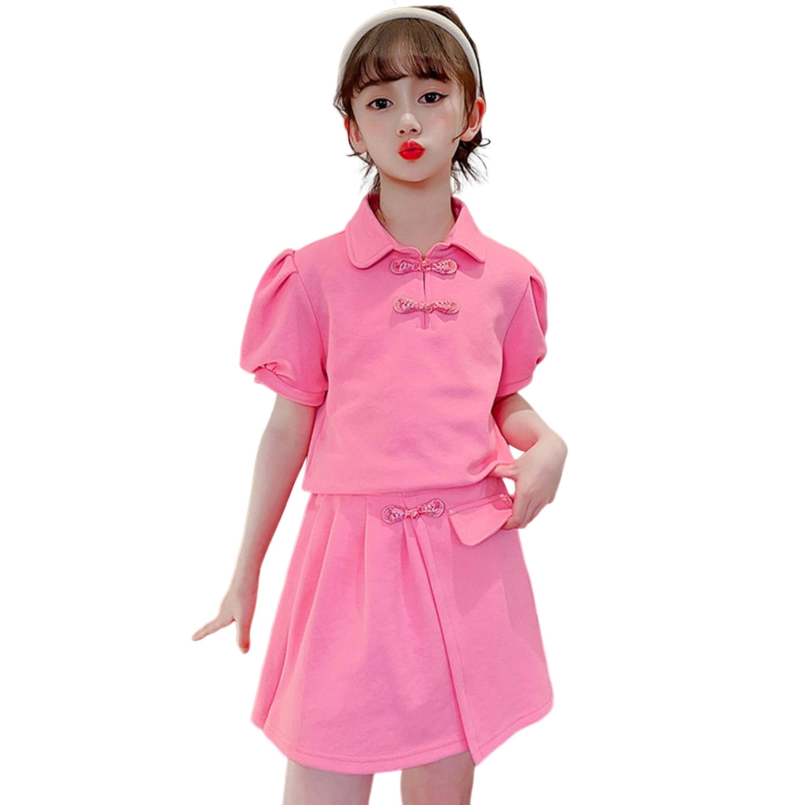 Cathalem Girl s Two Piece Outfits Skirt Set Round Neck Short Sleeve Summer Tee Shirt and Graphic Pleated Mini Skirt Set Pink 100
