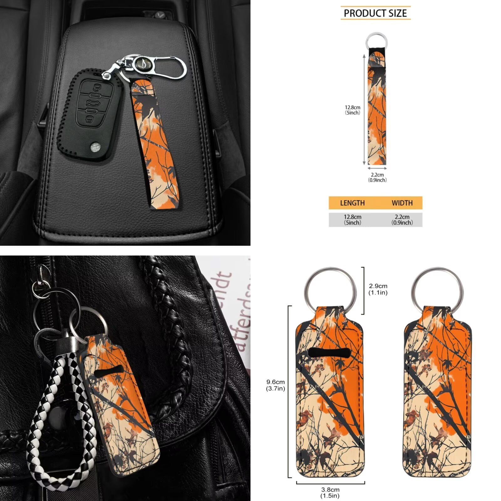 Garronmavis Orange Hunting Camo Forest Car Seat Cover Full Set 16 Pieces Belt Pads Cover Keychain Gear Shifting Knob Cup Mats Windshield Sun Shade