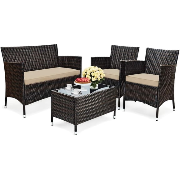 HAPPYGRILL 4-Piece Patio Furniture Set Outdoor Rattan Wicker Conversation Set with Cushioned Sofa and Coffee Table for Porch Backyard Garden Poolside