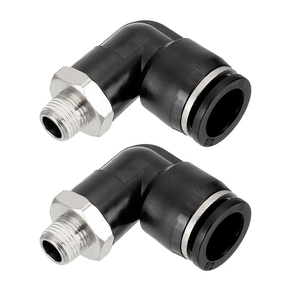 Uxcell 2 Pcs Push to Connect Fittings Male Elbow 1/2 Inch Tube OD x 1/8 Inch NPT Thread Pneumatic Tube Fitting, Black