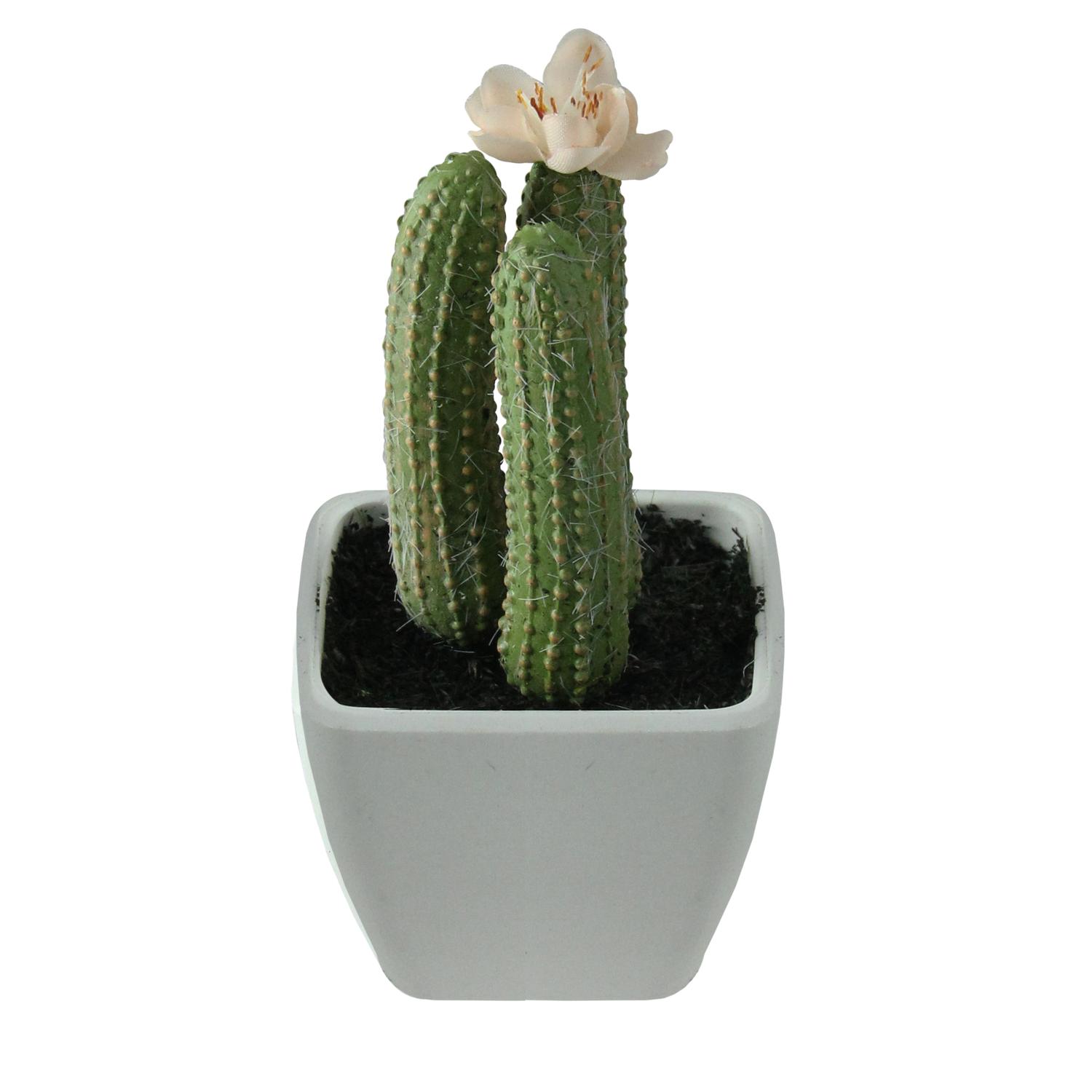 4.25&quot; Mini Faux Columnar Cactus In White Vase With Flower Table Top Decoration