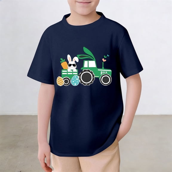 Gzbliryd Boys Easter Shirt Short Sleeve Tees Cute Rabbit Graphic T-Shirt for Little Girls Boys Summer Clothes for Girls (Navy,10-11 Years)