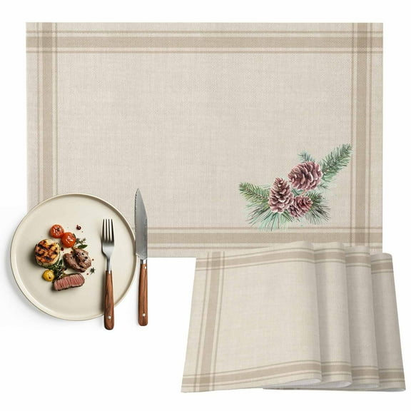 Winter Pine Branches Christmas Placemats Set of 6, Vintage Brown Striped Table Mats Washable Heat-Insulation Non-Slip Place Mats for Kitchen Dinner Table Indoor Outdoor Decor,13x19 Inch