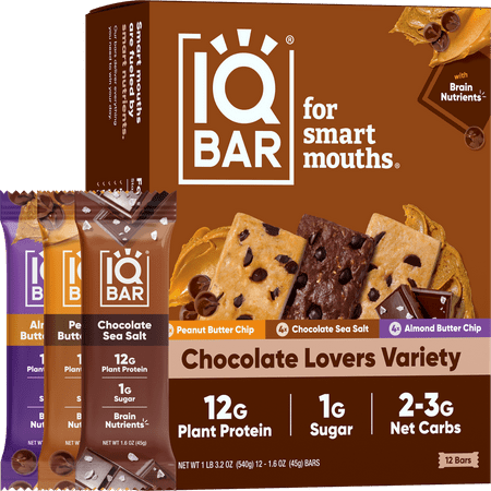IQBAR Brain and Body Chocolate Lovers Variety Keto Protein Bars  Low Sugar - 12-Count Box Energy Bars
