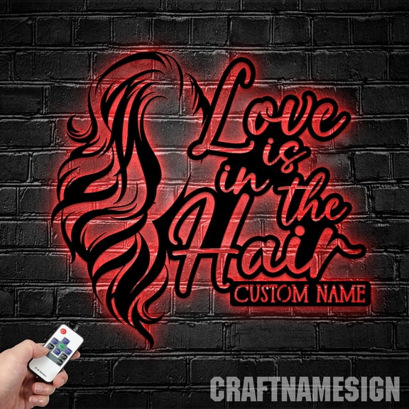 Craftnamesign Love Is In The Hair Metal Sign, Custom Barber Shop Name Sign, Hair Salon Sign