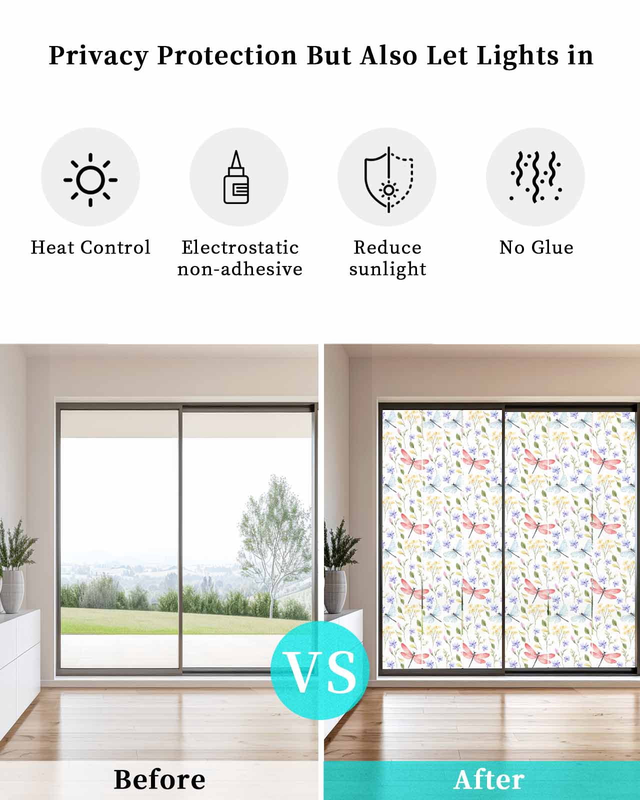 Window Privacy Film Botanical Flowers Stained Glass Window Film Decorative Sun Block Window Cover Spring Pink Dragonfly Pastoral Window Clings Static Adhesive Sticker for Bathroom 19.6"x39.3"