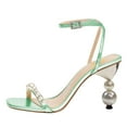 thumbnail image 2 of FSJ Women Gorgeous Pearl High Heels Sandals Square Open Toe Ankle Strap with Rhinestones Buckle Pump Bridal Wedding Dressy Shoes Size 10.5 Green, 2 of 5