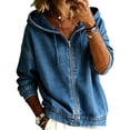 thumbnail image 4 of Yigetop Women's Zip up Hooded Denim Jacket Long Sleeve Hoodie Casual Loose Retro Washed Jean Outerwear Coat Blue 4XL, 4 of 5