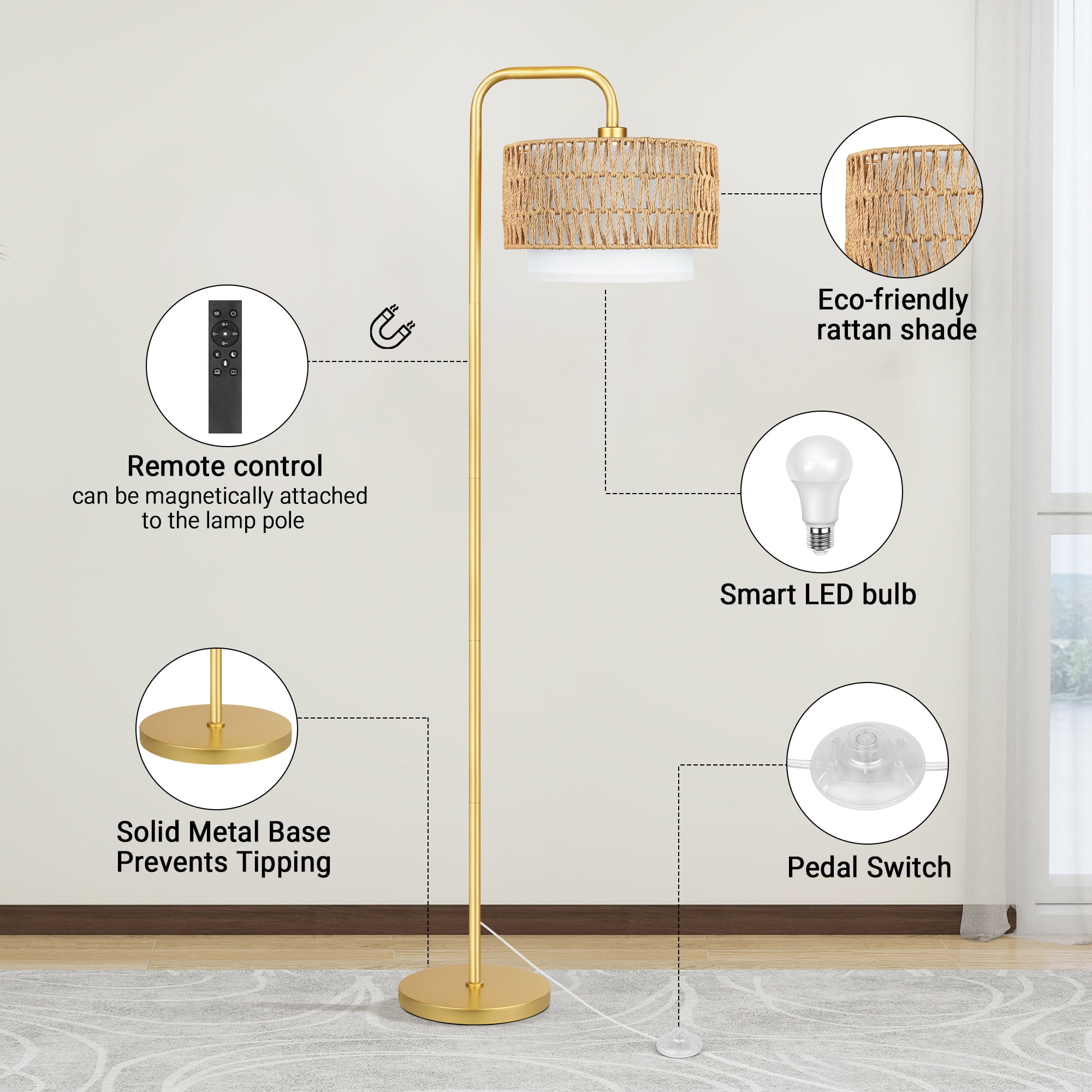 SparkGlowy Gold Floor Lamp with 3 Color Temperatures, Farmhouse Tall Lamp for Living Room, Boho Standing Lamp with Rattan & Fabric Shades