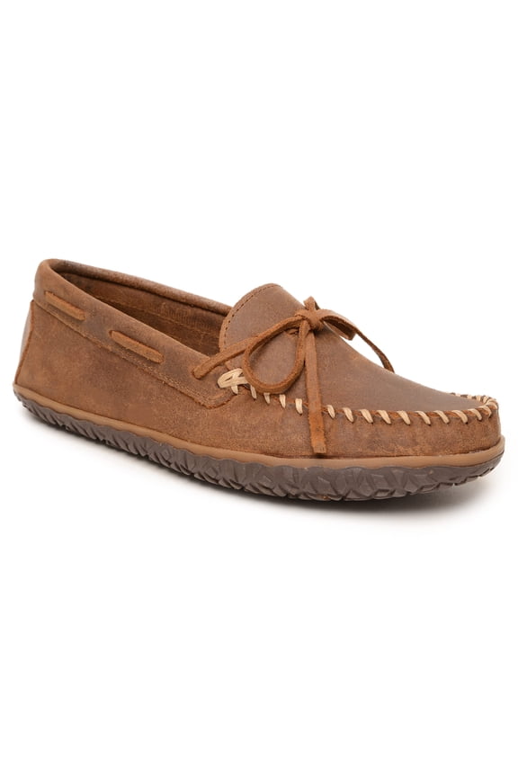 Men's Tie Tread - Suede Moccasin for Men - Water-Resistant Indoor Outdoor Slippers with MinnTREAD Rubber Sole, 9 M Brown