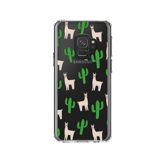DistinctInk Clear Shockproof Hybrid Case for Samsung Galaxy S9 (5.8" Screen) - TPU Bumper, Acrylic Back, Tempered Glass Screen Protector - Llamas and Cacti Cactus