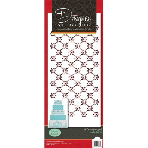Designer Stencils Princess Lace 3 Cake foodgrade stencil, 6.4" X 11.2", Beige/Semi-Transparent
