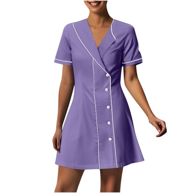 Abcnature Women's Solid Color Turn Down Collar Short Sleeve Mini Dress with Pockets Button Front Nursing Work Dress Comfortable Healthcare Uniform Breathable Midi Dress for Caregiver & Nurse