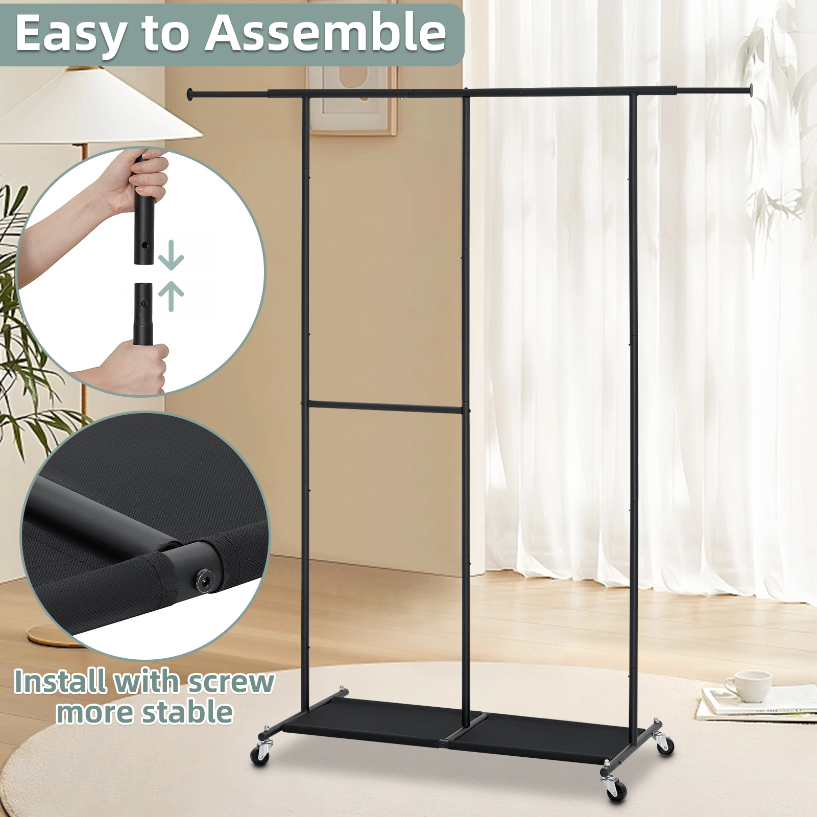 Clothes Rack Garment Rack with Adjustable Length 45-62 inches Metal Rolling Clothing Rack Garment Rack on Wheels for Clothes with 25mm Steel Hanging Pipe, Black - image 4 of 9