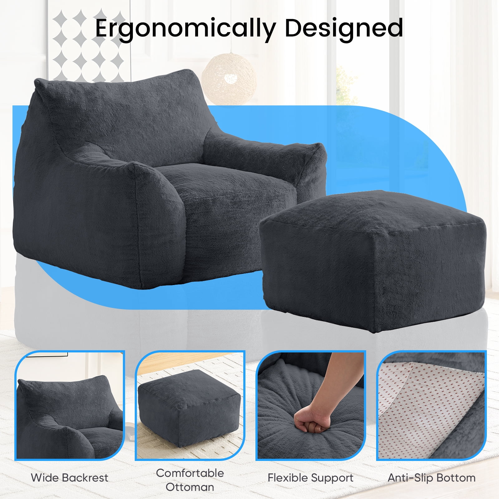 BALUS 42" Faux Fur Bean Bag Chair with 23" Ottoman and Armrests, Bean Bag Chair for Adults, Comfy Chair with Armrests for Bedroom, Dark Gray