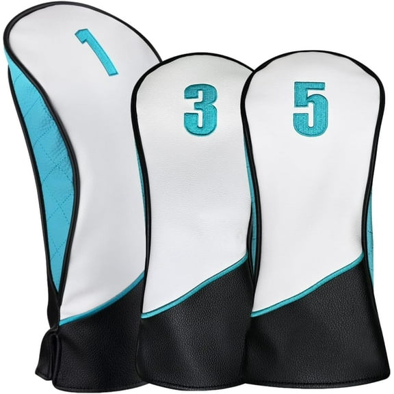 Majek #1/3/5 Golf Premium Protective Teal White and Black Head Covers 460cc #1 Driver   #3#5 Fairway Metal Woods Set Fits for Most Brands