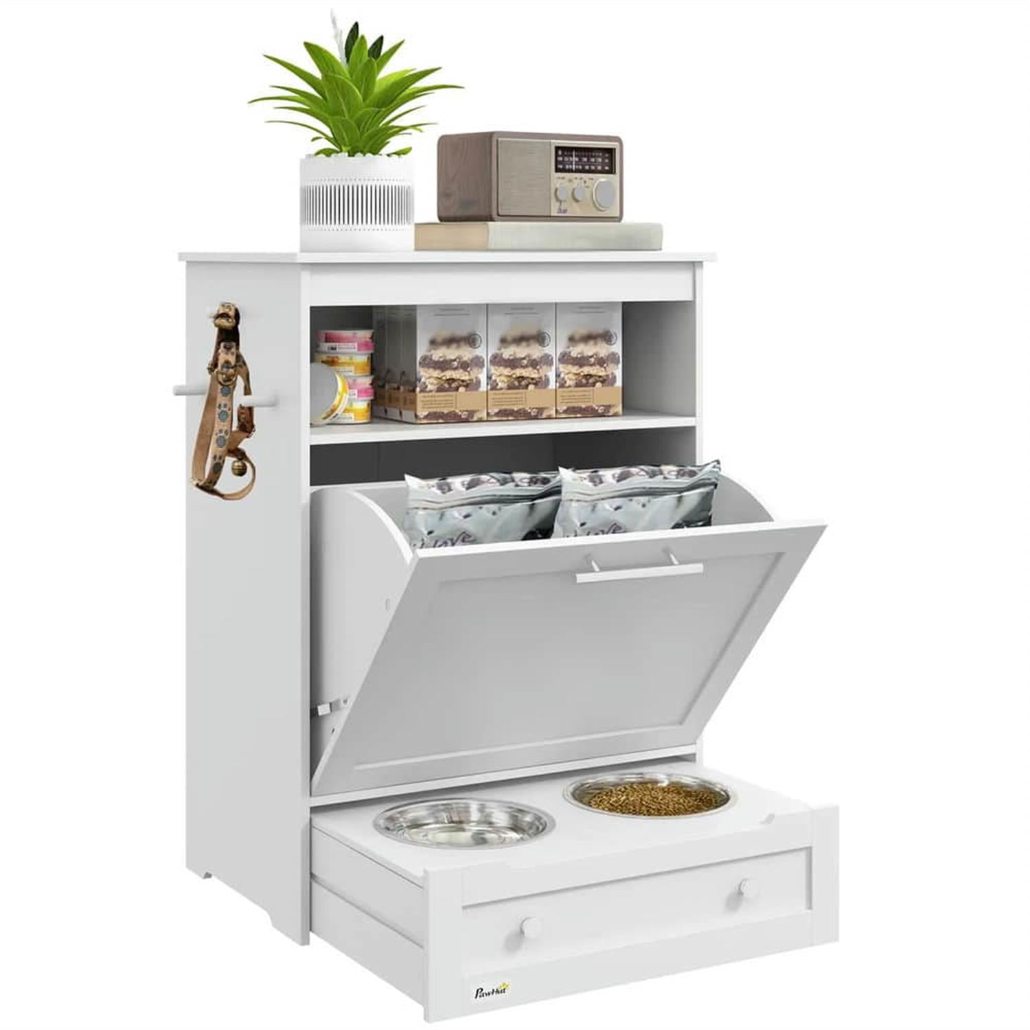 Kadyn Pet Feeder Station Cabinet for Indoor Dogs, Large Dog Food Storage Container with Elevated Bowls, Watering Station, White
