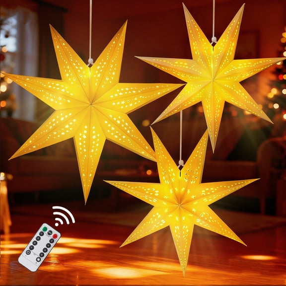 Large Paper Star Lanterns with Lights, 3D 7 Pointed Christmas Paper Lanterns, 3Pcs Foldable Decorative Christmas Hanging Decorations for Xmas Wedding New Year Party Home Decor Indoor, 24/18 Inch