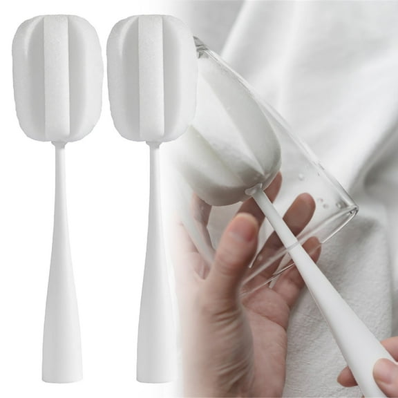 Glass Cup Cleaning Brush Sponges 2-Pack, Long-Handle Standable Scrubbers for Bottles, Mugs, Dishes, Non-Scratch Durable Kitchen Cleaning Tools White