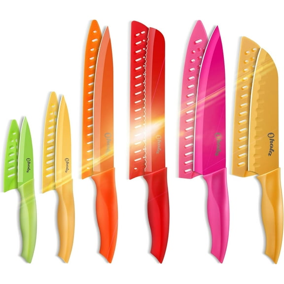 12 Piece Kitchen Knife Set,  Stainless Steel Knife Set With Ergonomic Plastic Handle, 6 Knives with 6 Knife Sheath, Dishwasher Safe (Multicolor)