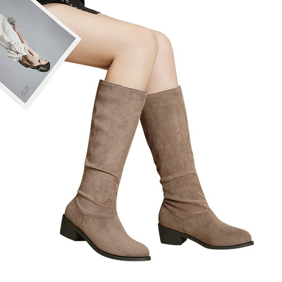 Lovskoo 2024 Women's Cowboy Boots Horse Riding Middle Mid Calf Boots Fall/Winter Thick Heel Slim Knight Boots Knee Length Slim Boots Brown