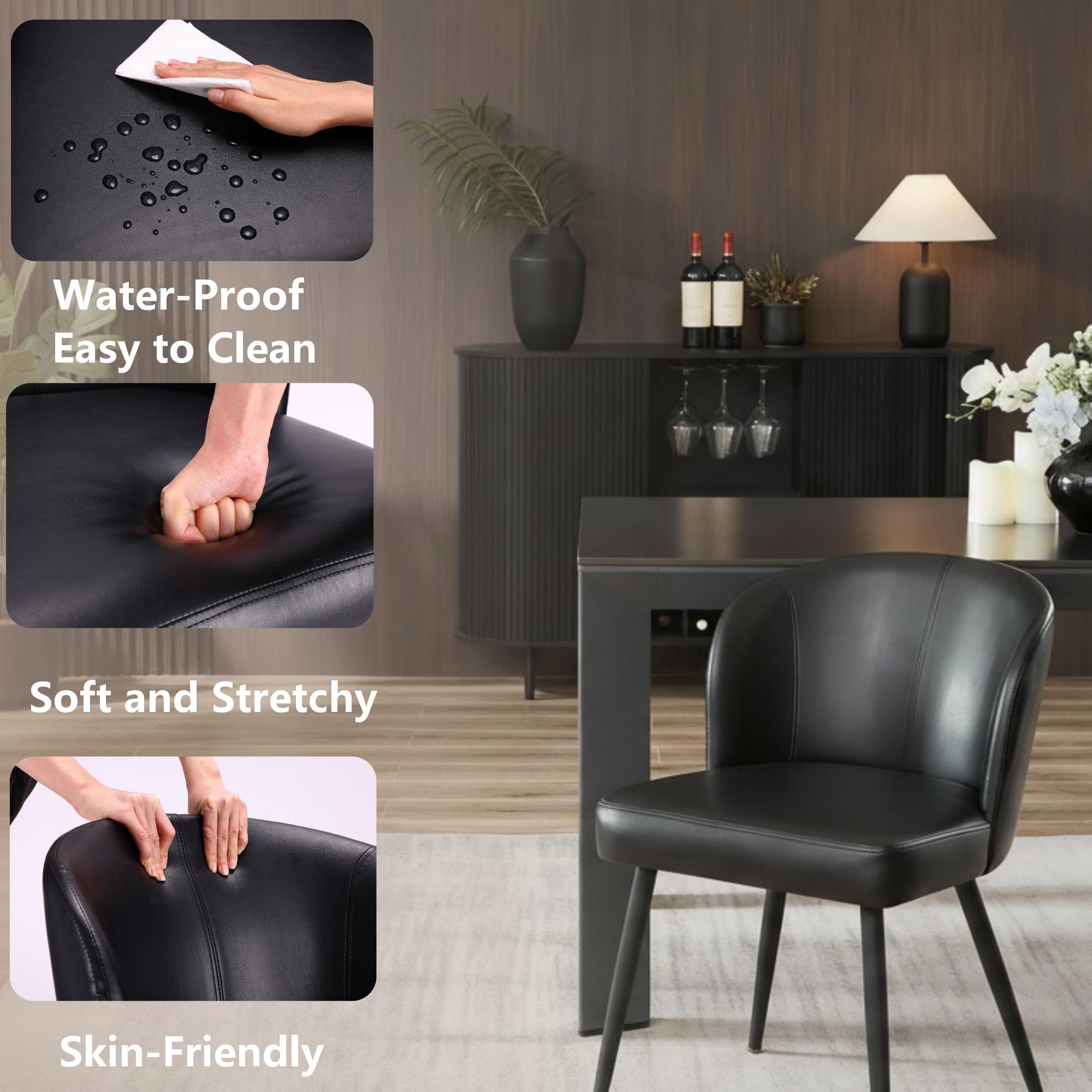 Sailvan Dining Chairs Set of 2, Modern Living Room Chairs, Leather Kitchen Chairs, Mid Century Style Upholstered Chairs for Dining room, With Cushion Seat And Metal Legs, Easy Assembly, Black