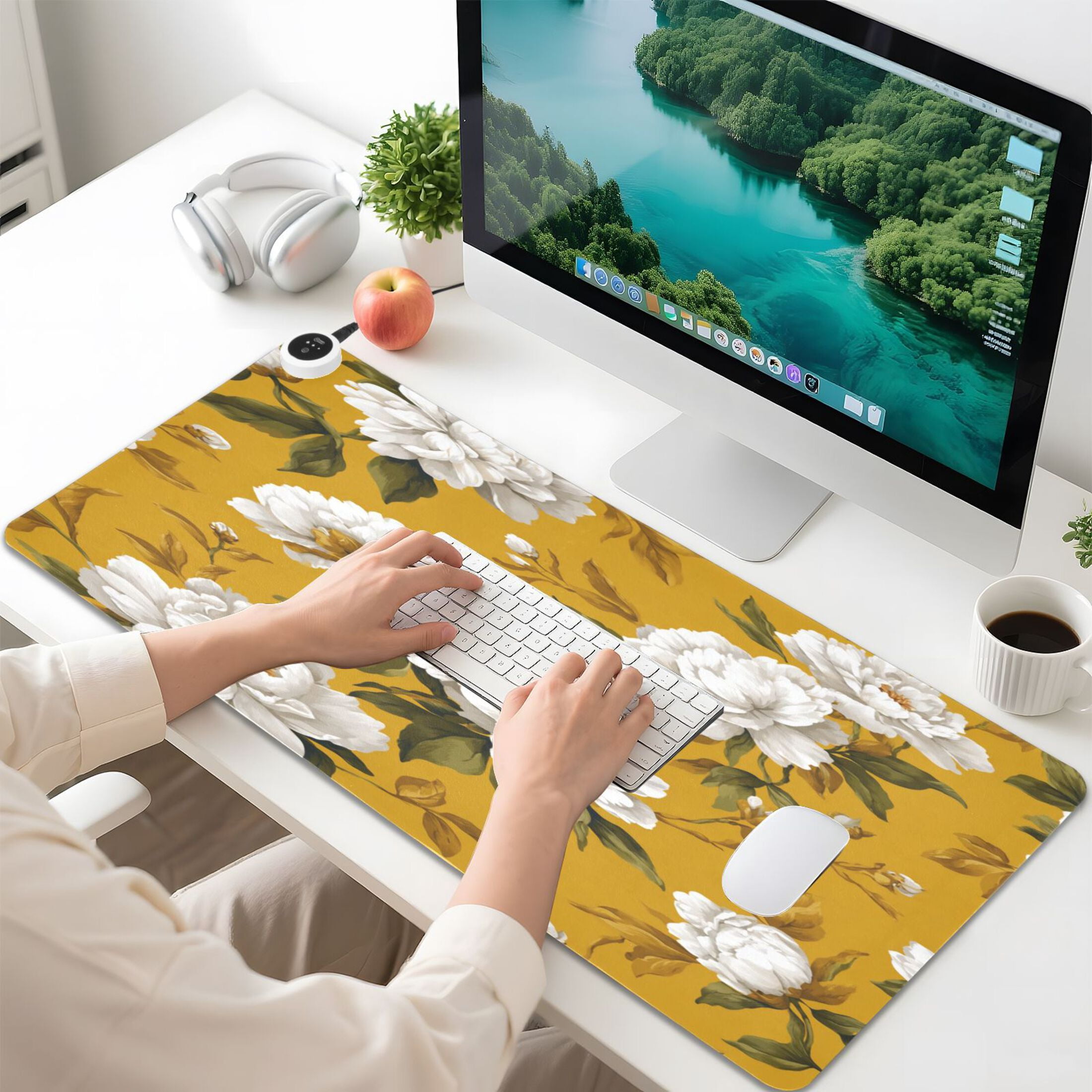 Large Heated Desk Mat Mouse Pad 31.5"x13"PU Leather Graphene Heating Desk Warmer with 3 Temperature Settings 110V US Plug Non-Slip Warm Pad for Home, Office, and Gaming Retro Yellow and White Peony