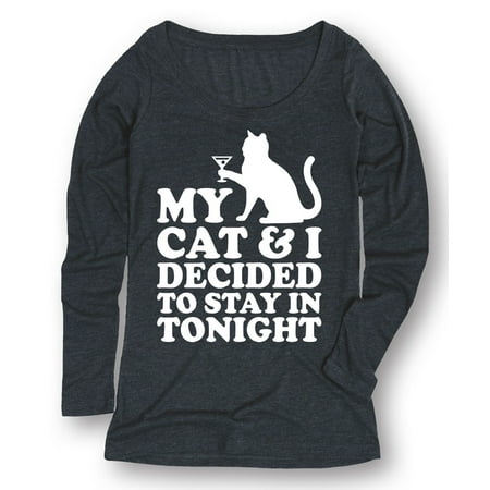 My Cat & I Decided To Stay In Tonight Martini Glass Funny Drikning Long L/S Tee