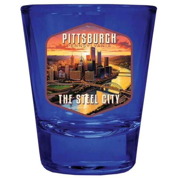 Pittsburgh Pennsylvania Design A Souvenir Full Color 2 oz Round Shot Glass Blue