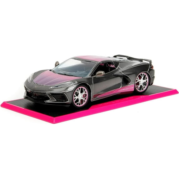 Pink Slips 1:24 W2 2020 Chevy Corvette Stingray Die-Cast Car w/Base, Toys for Kids and Adults(Metallic Grey/Pink)