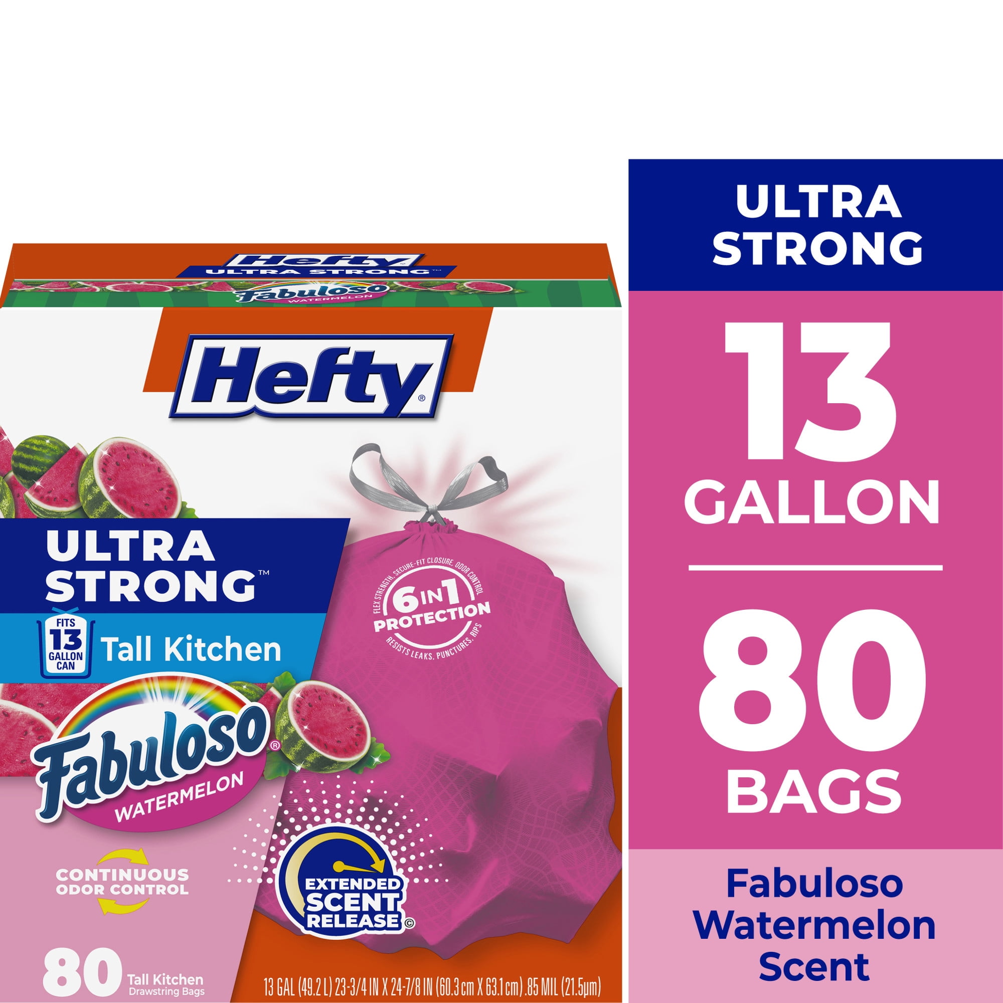 (3 pack) Hefty Ultra Strong 13 Gallon Trash Bags, Tall Kitchen Trash Bags, Pink, Fabuloso Watermelon Scent, 80 Bags