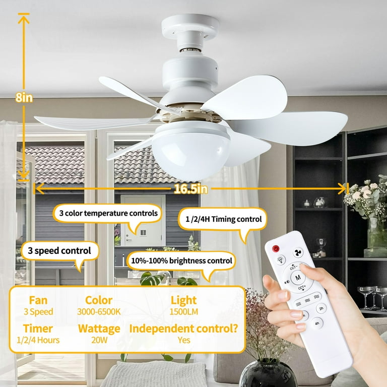 Socket Fan Light With Remote - 18.11" Ceiling Fan & Light Combo, 4 Speeds, Dimmable LED (3000K-6500K), Fits E26 Socket