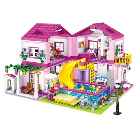 Beautiful girl house christmas gift princess pool pet villa building block street view girl series house building block model assembled toys