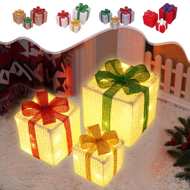Cajas de regalo con iluminación navideña con control remoto de 3 - decoración navideña interior/exterior con 8 modos para jardín, árbol y porche