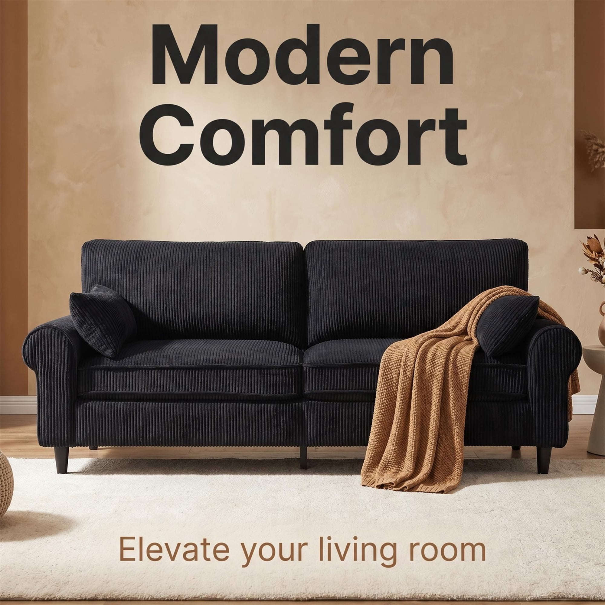 Aukfa 81" Roll Arm Sofa 3 Seat Deep Seat Upholstered Couch for Living Room Bedroom, 2 Pillows, Corduroy, Black