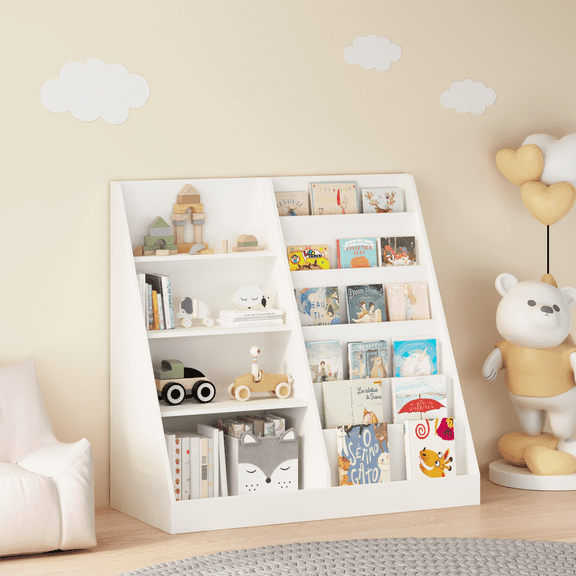 6 Tier Kids Wooden Bookshelf and Toy Storage, Children Toy Organizer with Book Shelves, Toddler BookRack Baby Bookcase for Nursery, Playroom and Classroom, White